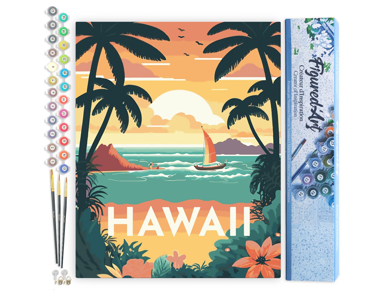 Figured'Art Paint by Numbers for Adults Travel Poster Hawaii 16"x20" - Craft Art Painting DIY Kit Rolled Canvas without frame